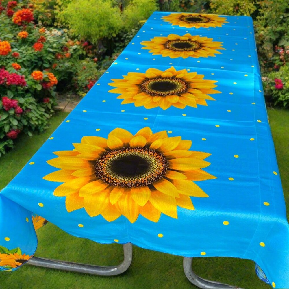 Long Table Cloth with Sunflower Print Pattern - Blue - 58 X 95 in.